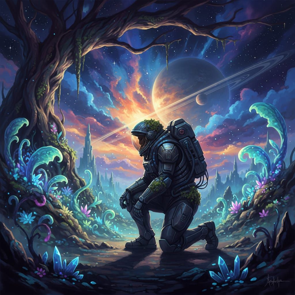 Astronaut and Bioluminescent Garden on Alien Planet