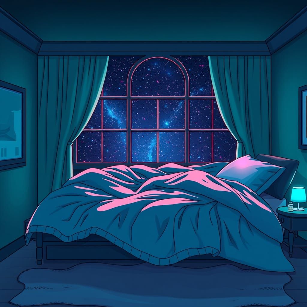 Whimsical Bedroom with Teal Bed and Starry Night Sky