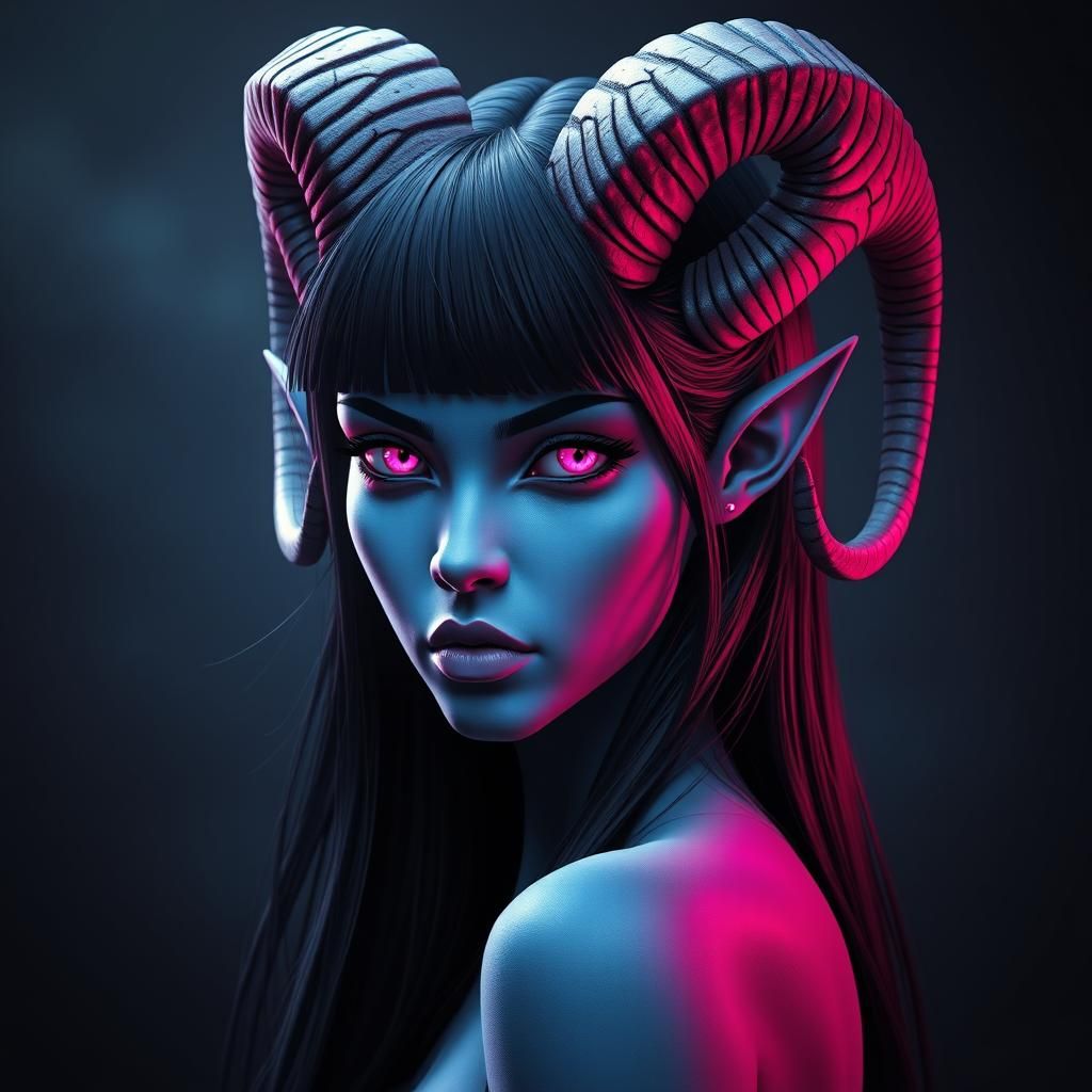 Blue-Skinned Demon Girl Portrait in Art Nouveau Style