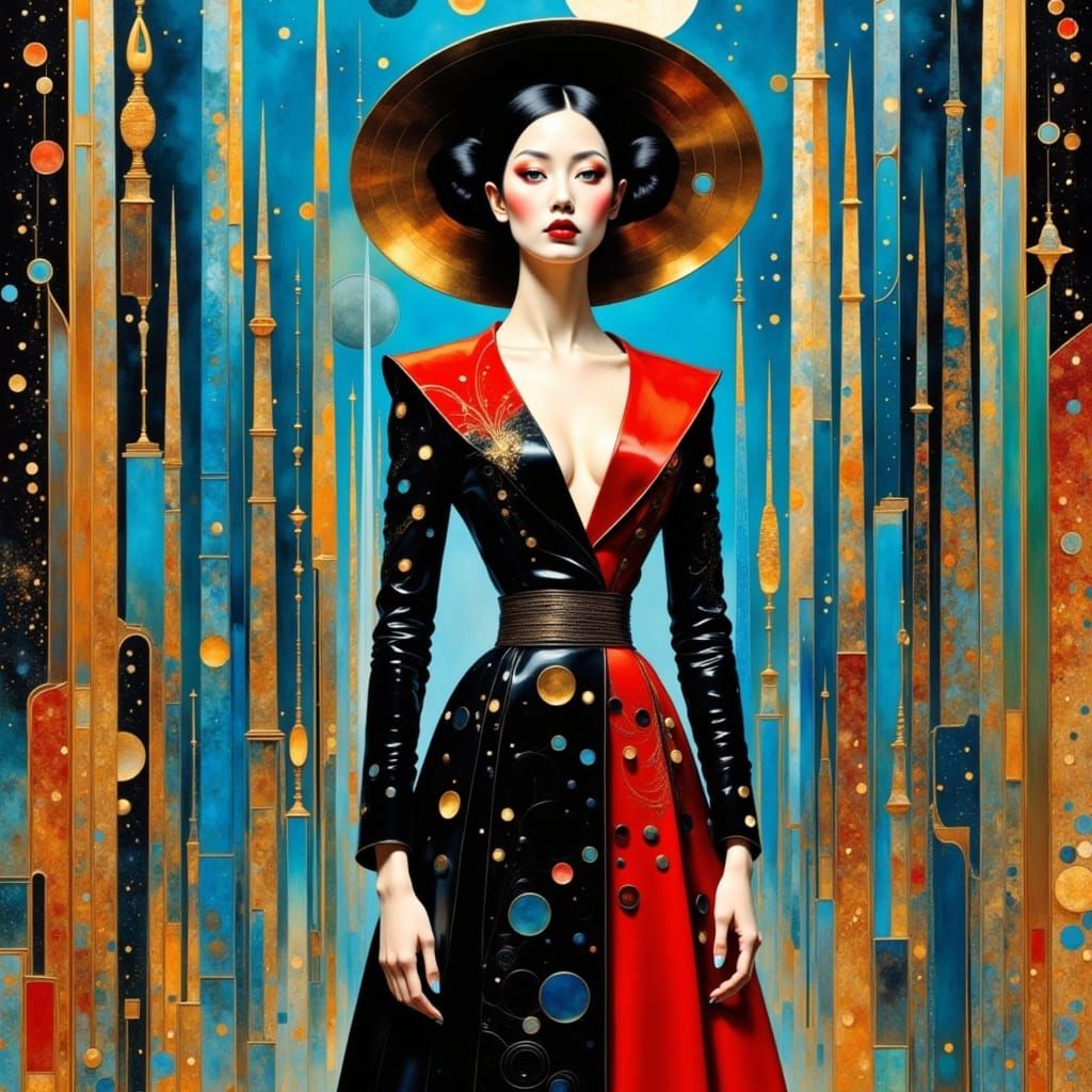 Ethereal Cityscape Goddess in Golden Cosmic Splendor