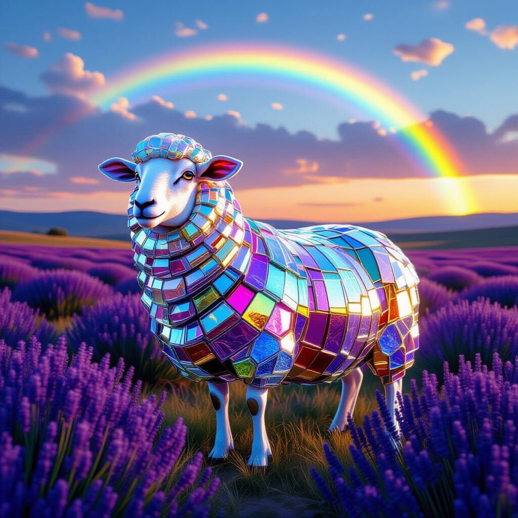 Sheep Made of Shimmering Glass Panels in Lavender Field