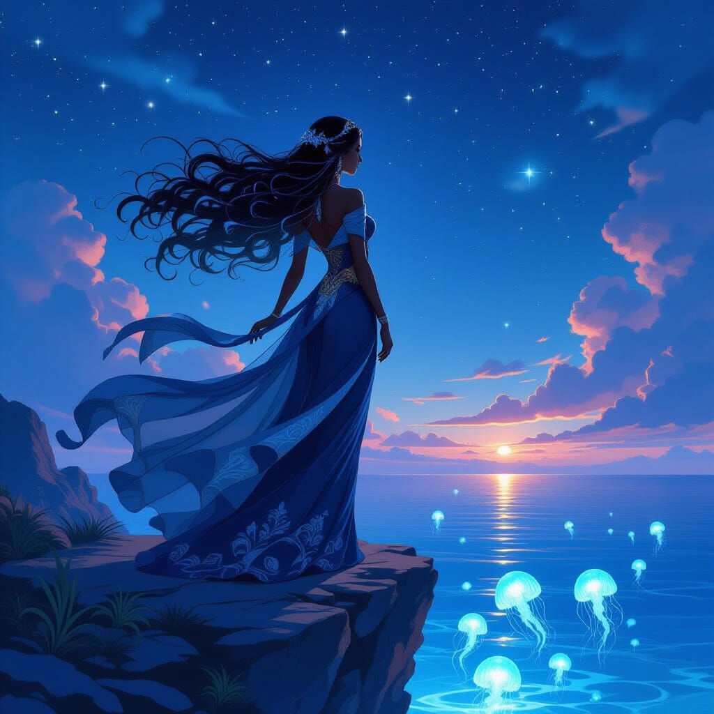 Ebony Goddess Overlooking Starlit Ocean, Art Nouveau Style