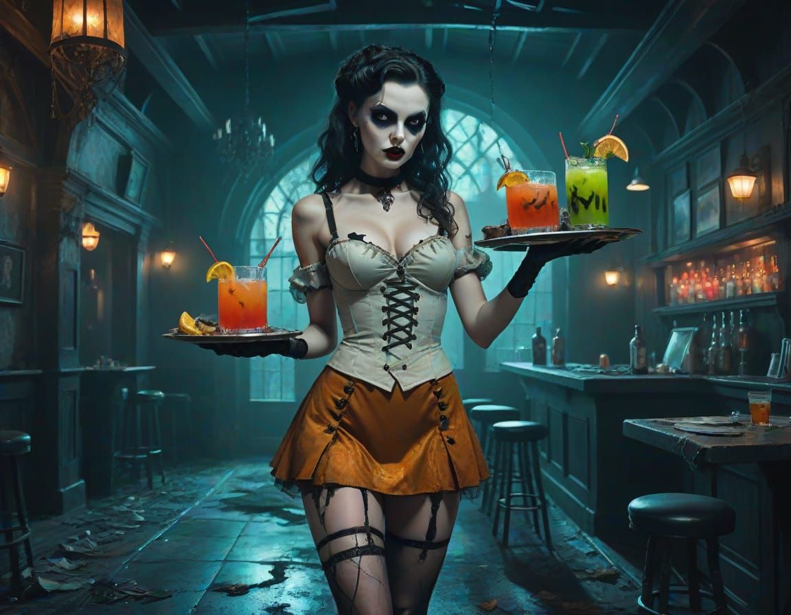 Gothic Undead Pin-Up Art in Abandoned Bar