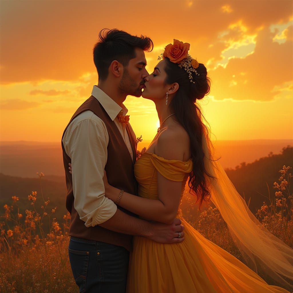 Lovers Kissing at Sunset in Romantic Style