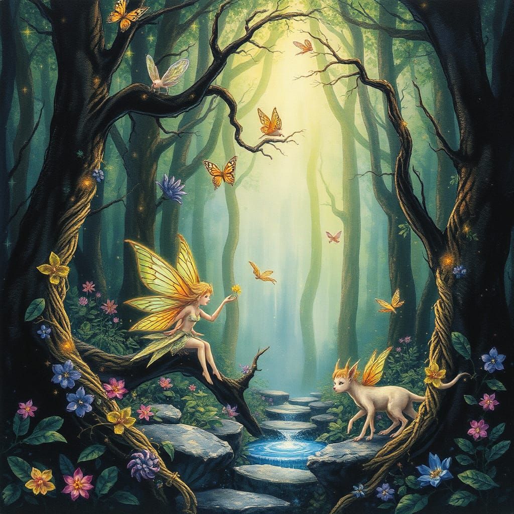 Enchanted Forest with Fae Creatures in Surreal Style