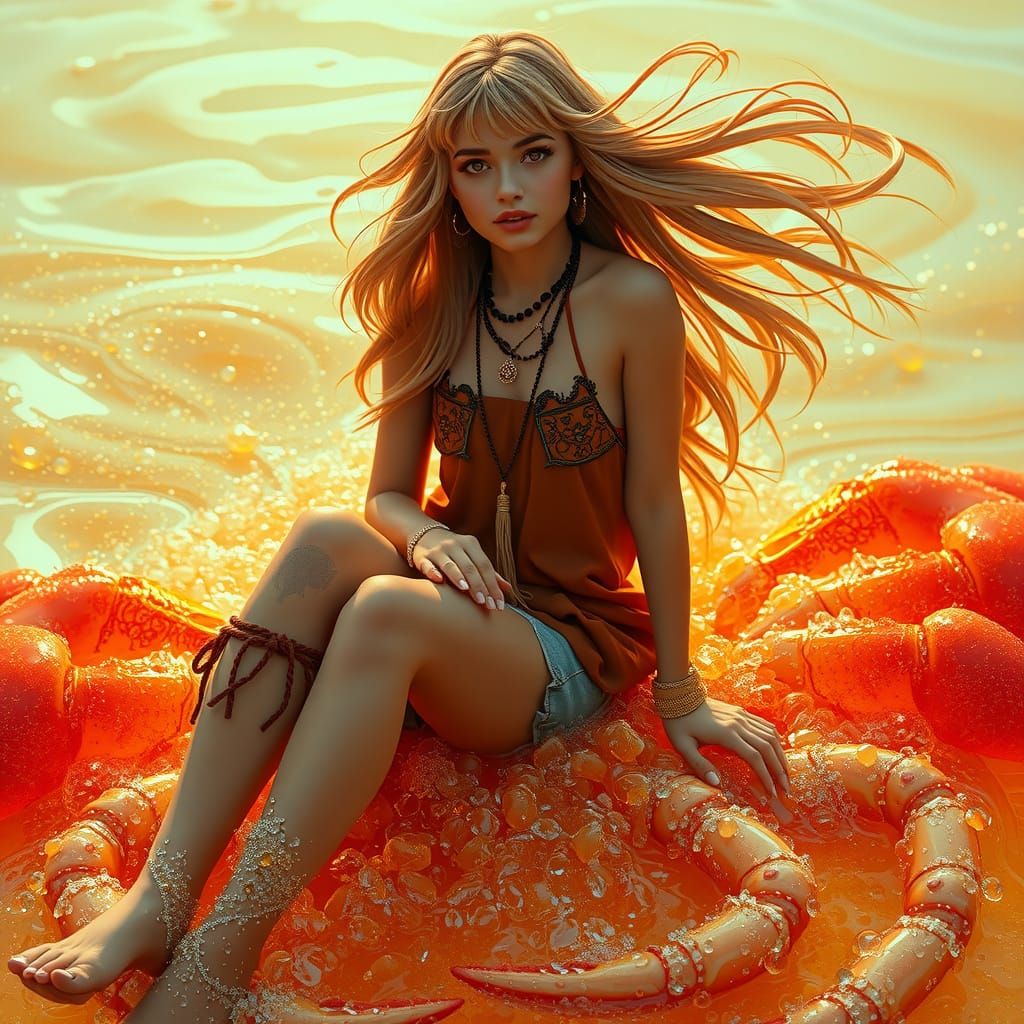 Bohemian Woman Riding Gummy Crab in Dreamlike Sea