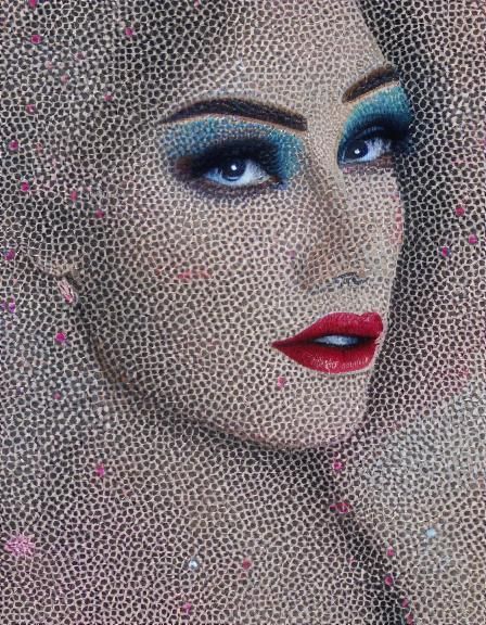 Pointillist Girl in Ornate Room, Detailed Macro
