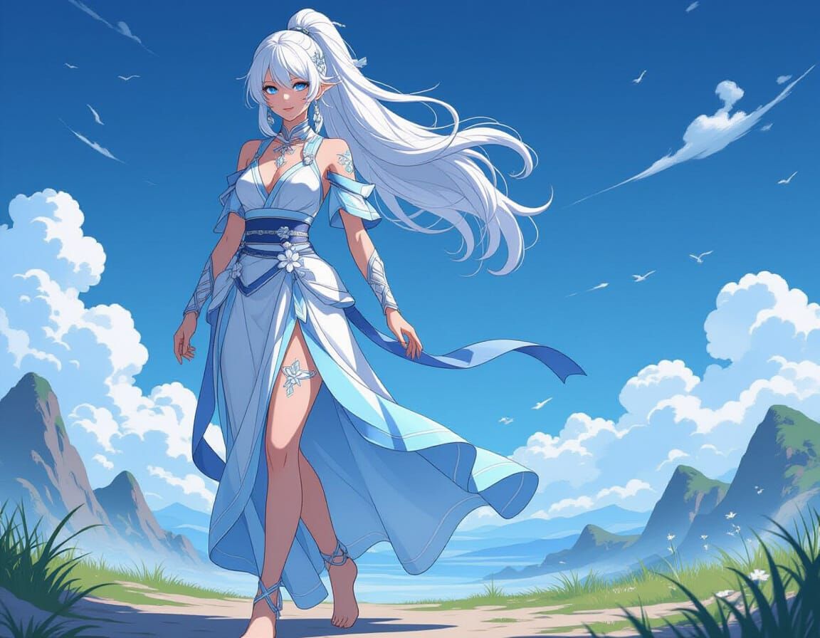 Anime Woman with Flowing Dress in Fantasy Sci-Fi Style