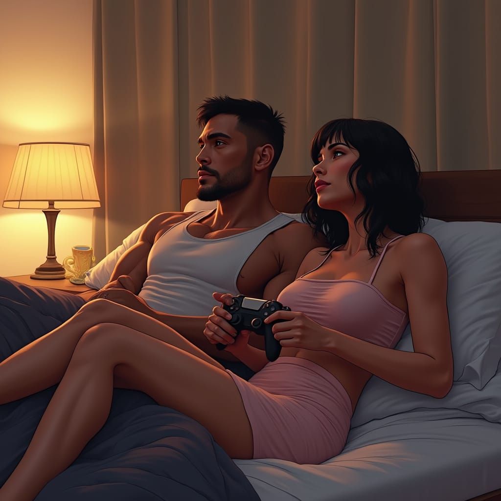 Couple Gaming in Cozy Bedroom with Cinematic Lighting