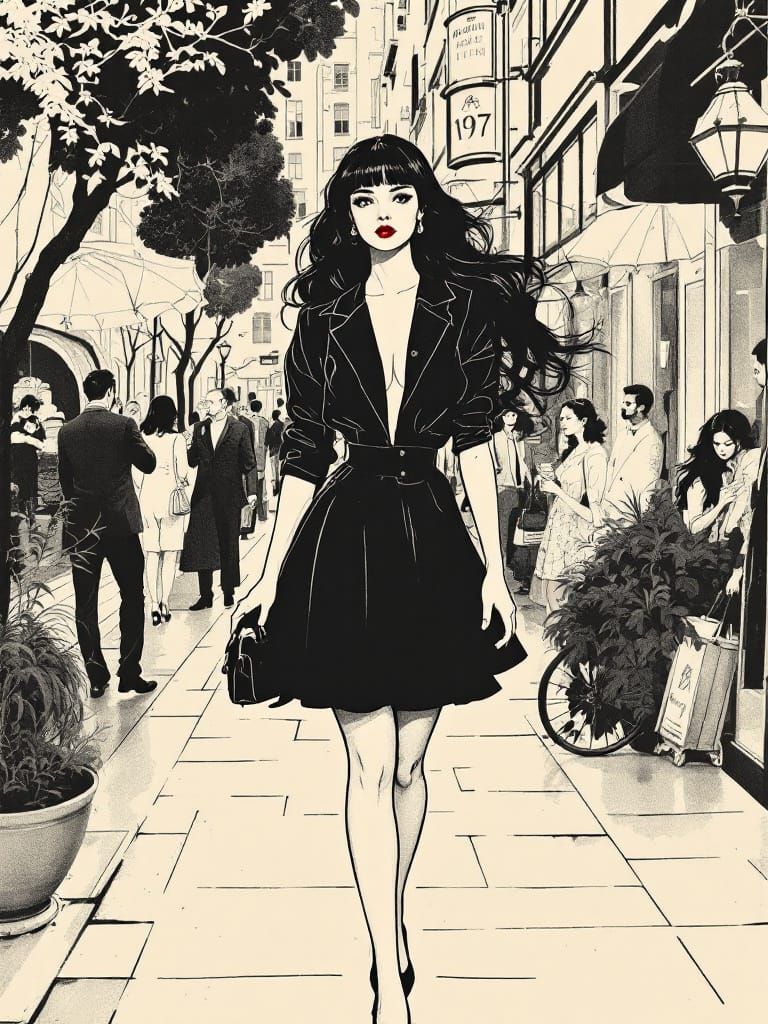 Art Nouveau Woman with Melancholy Eyes on City Street