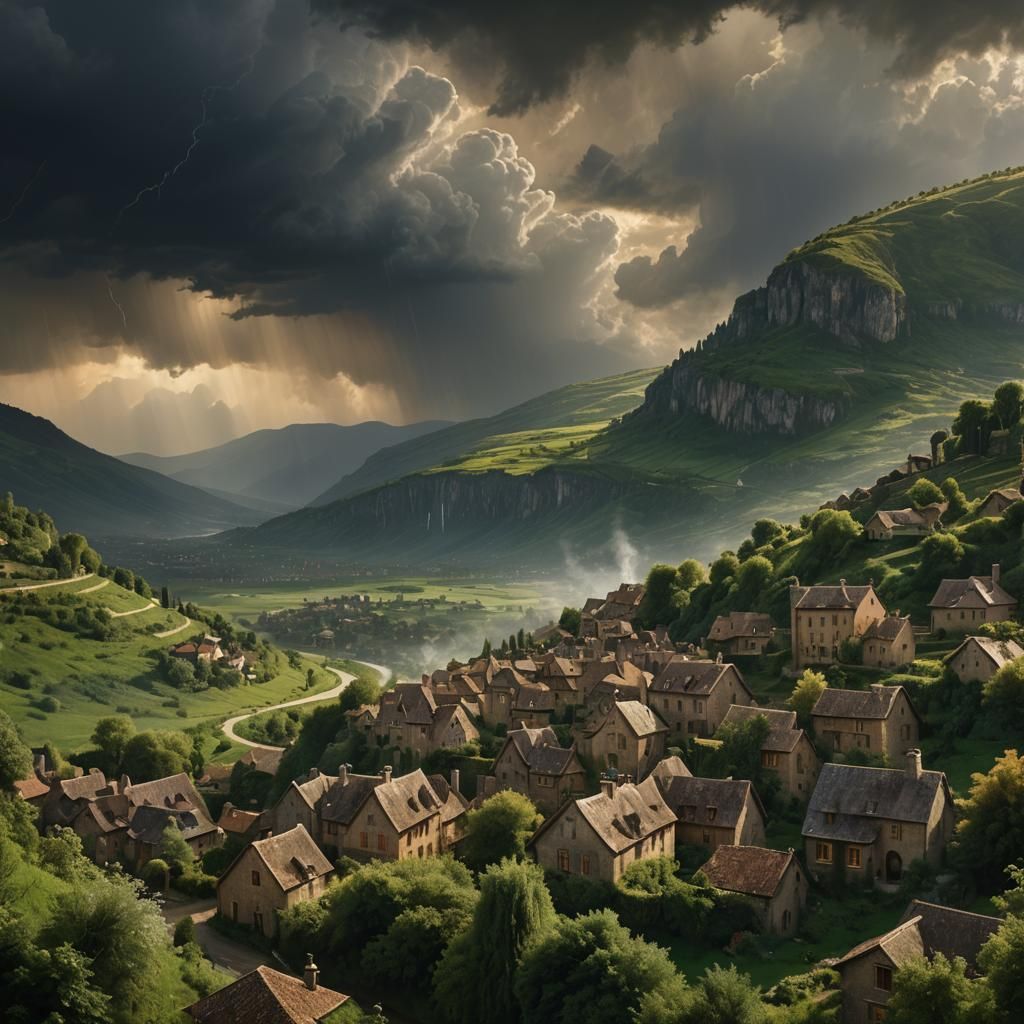 Monet-Inspired Village Scene Under Thunderstorm Sky