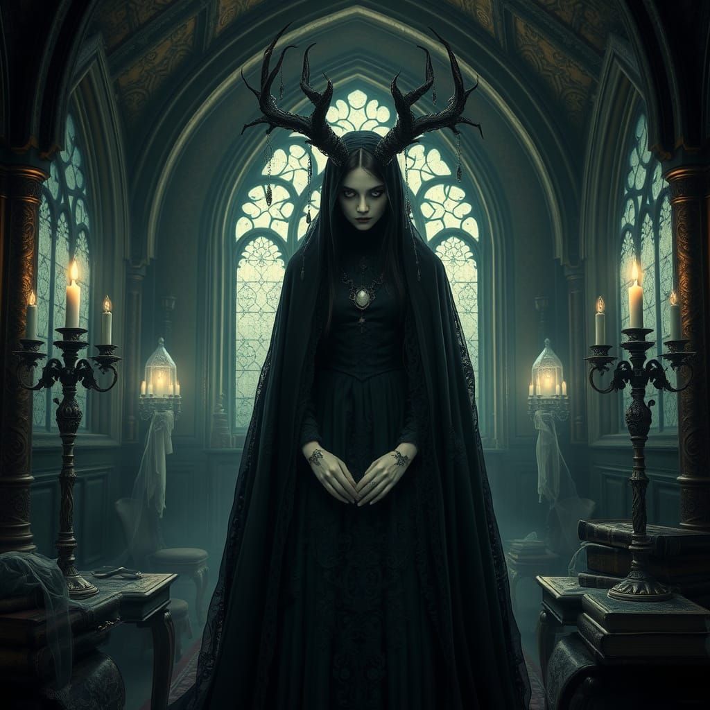 Mysterious Hecate in a Dark, Gothic Chamber