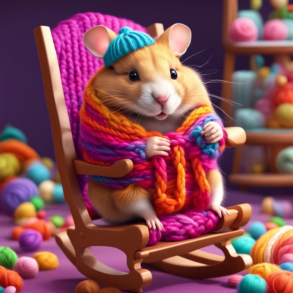 Whimsical Hamster Knitting in Candy Art Style