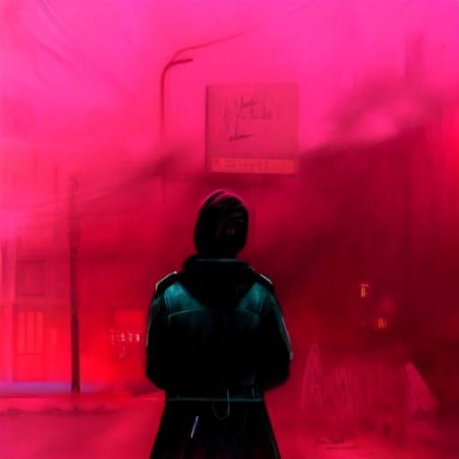 Gothic Singer in a Foggy Cityscape