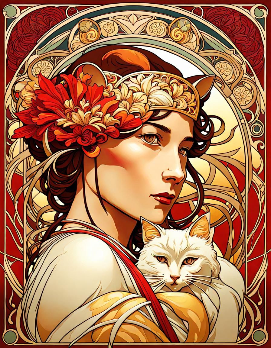 Cats in Art Nouveau Style with Red and Gold