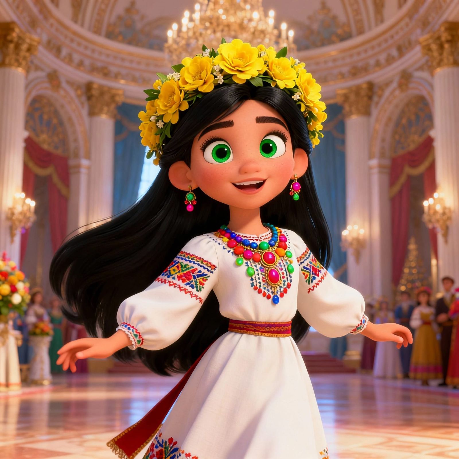 Young Girl in Ukrainian Wedding Dress in Palace