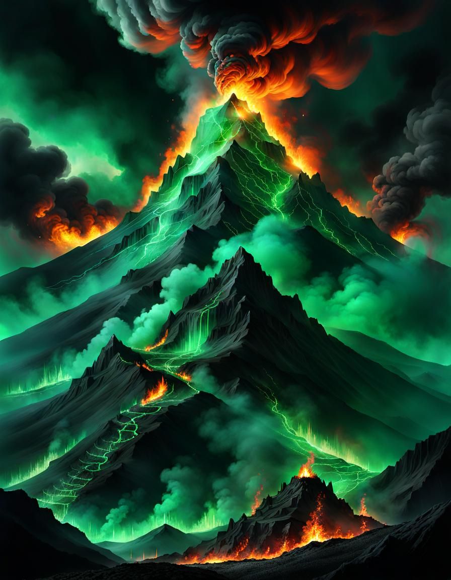 Ethereal Emerald Mountain in Burning Sky