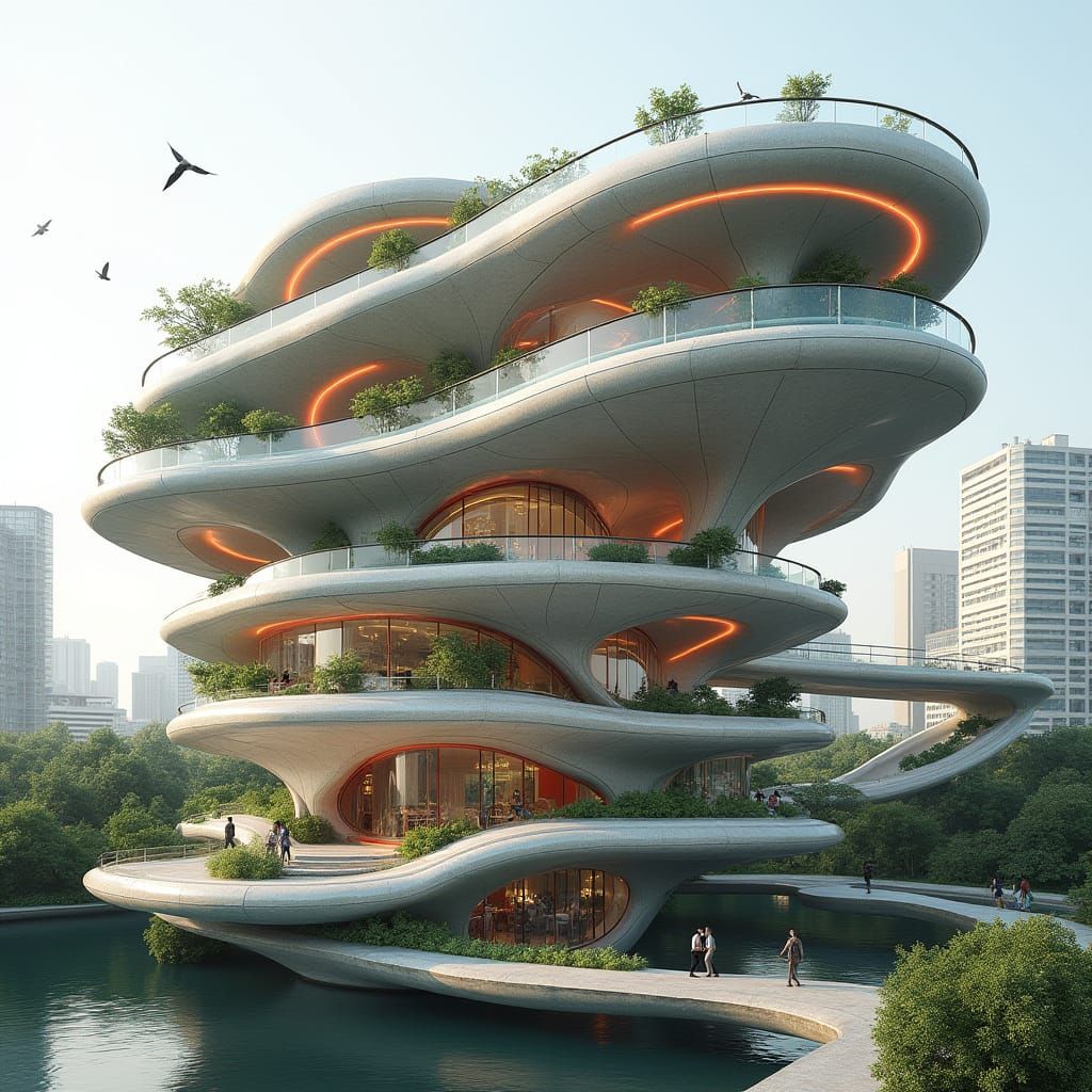 Organic Flower-Shaped Building with Snake Skin Texture and R...