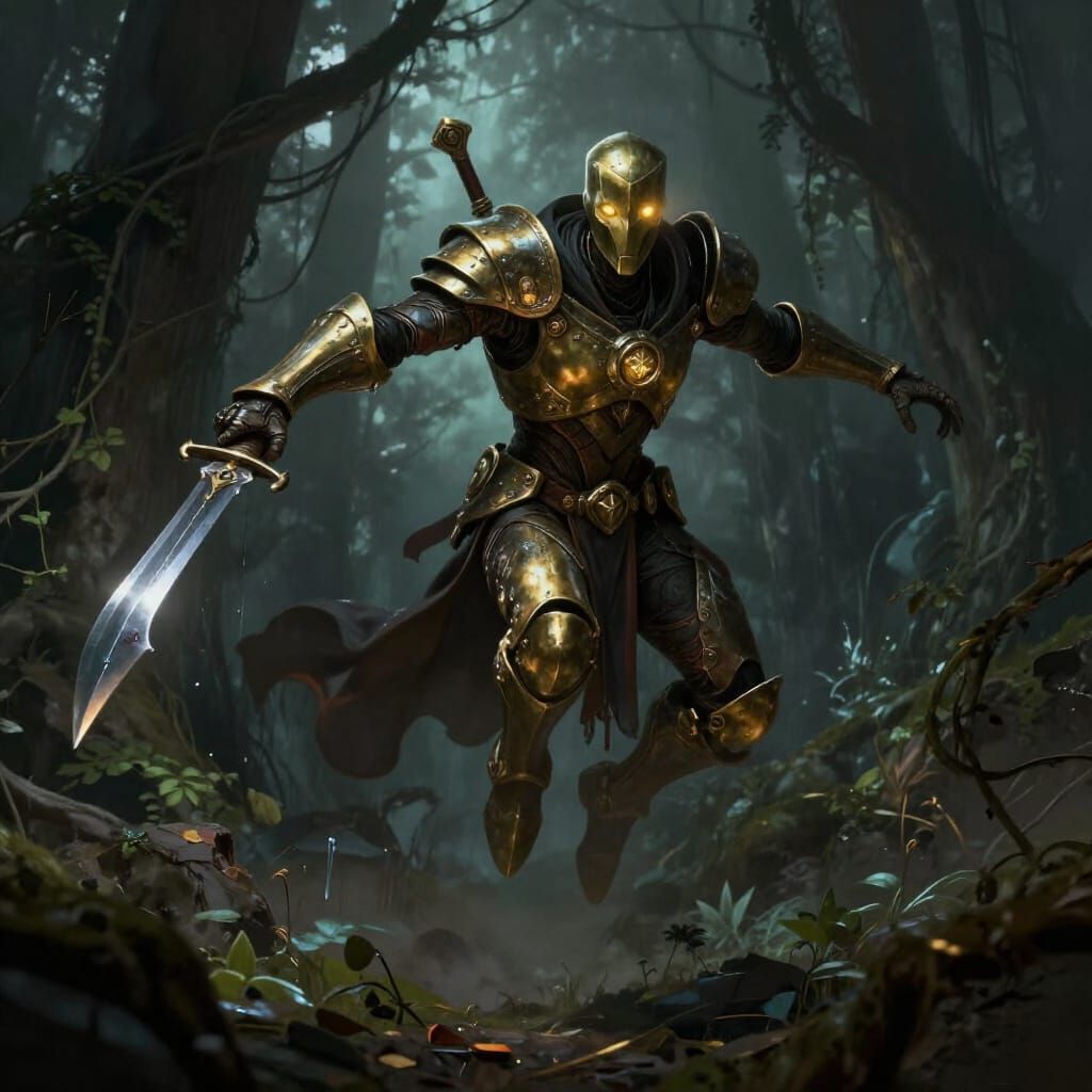 Warforged Rogue With Acid Daggers in Dark Fantasy Forest