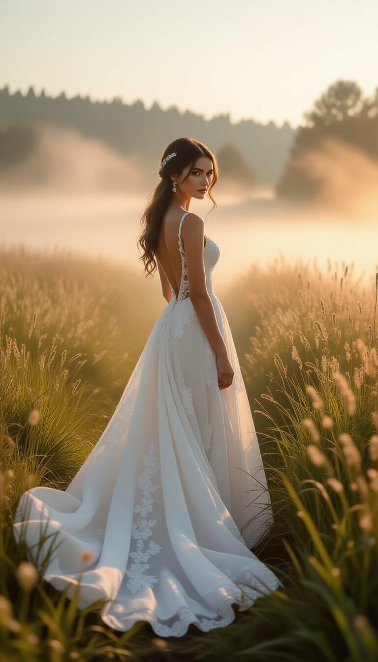 Hyperrealistic Woman in Misty Landscape, Kinkade-Inspired Li...