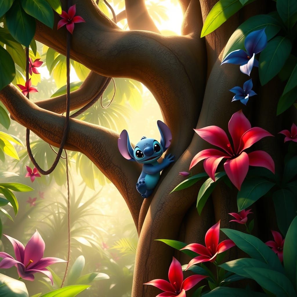 Stitch Alone in a Vibrant Tropical Jungle Adventure