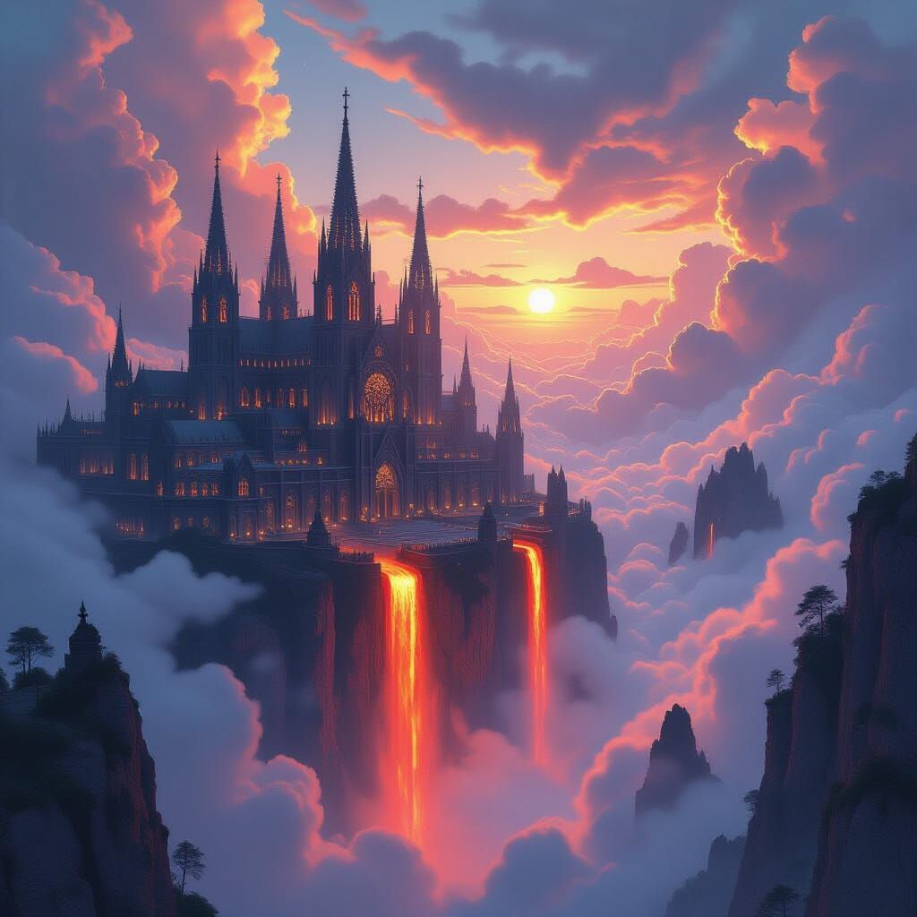 Dark Gothic City on Cloud with Lava Waterfall