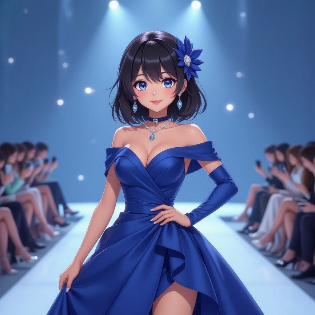 Anime Fashion Girl in Azure Dress, 3D Render