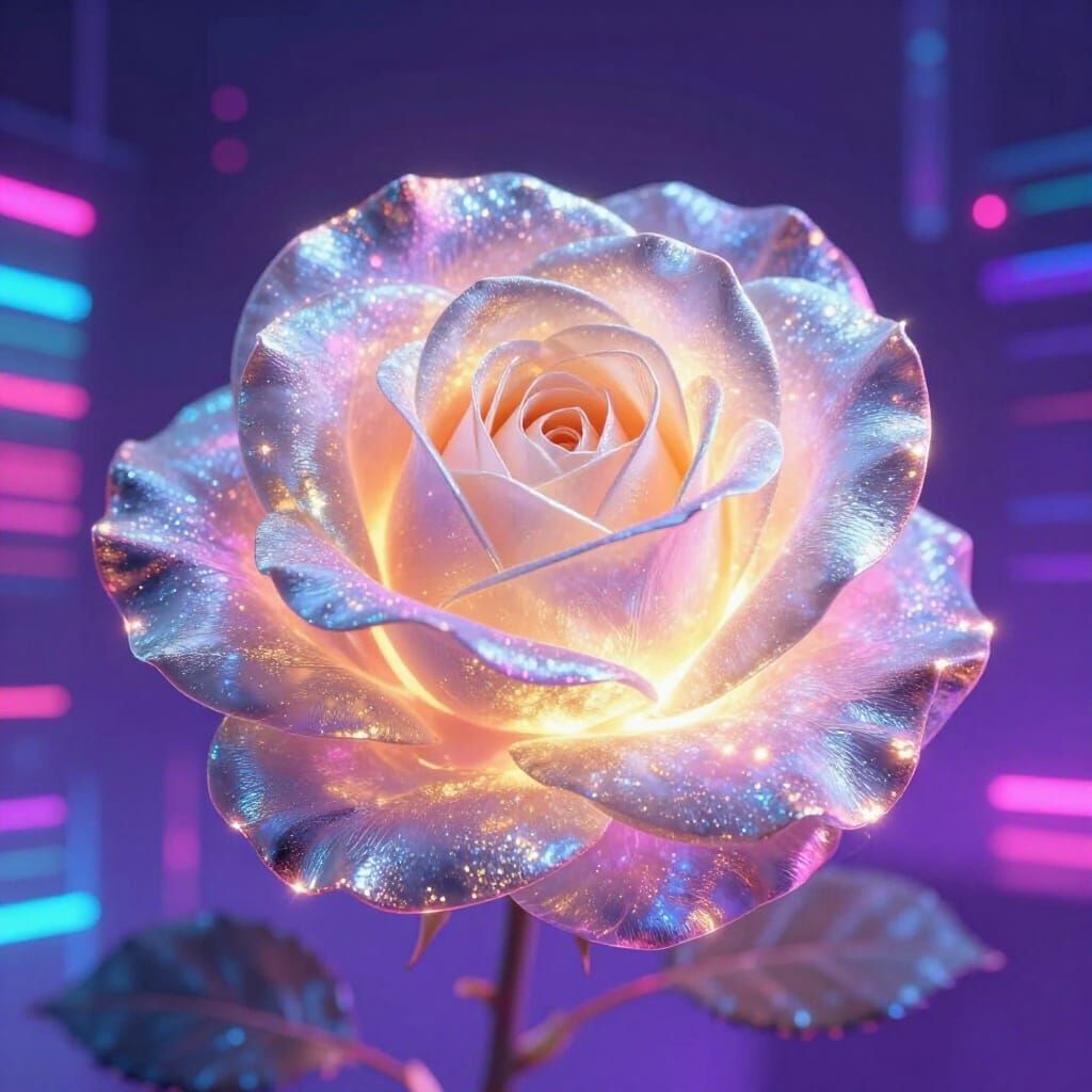 Luminous Rose of Light and Mist in Synthwave Style