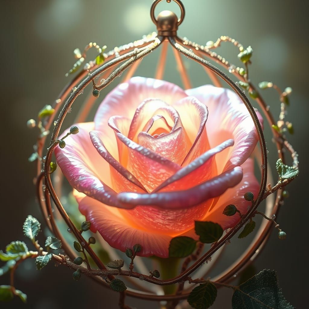 Surreal Glittering Rose in a Crystal Cage with Lush Vines
