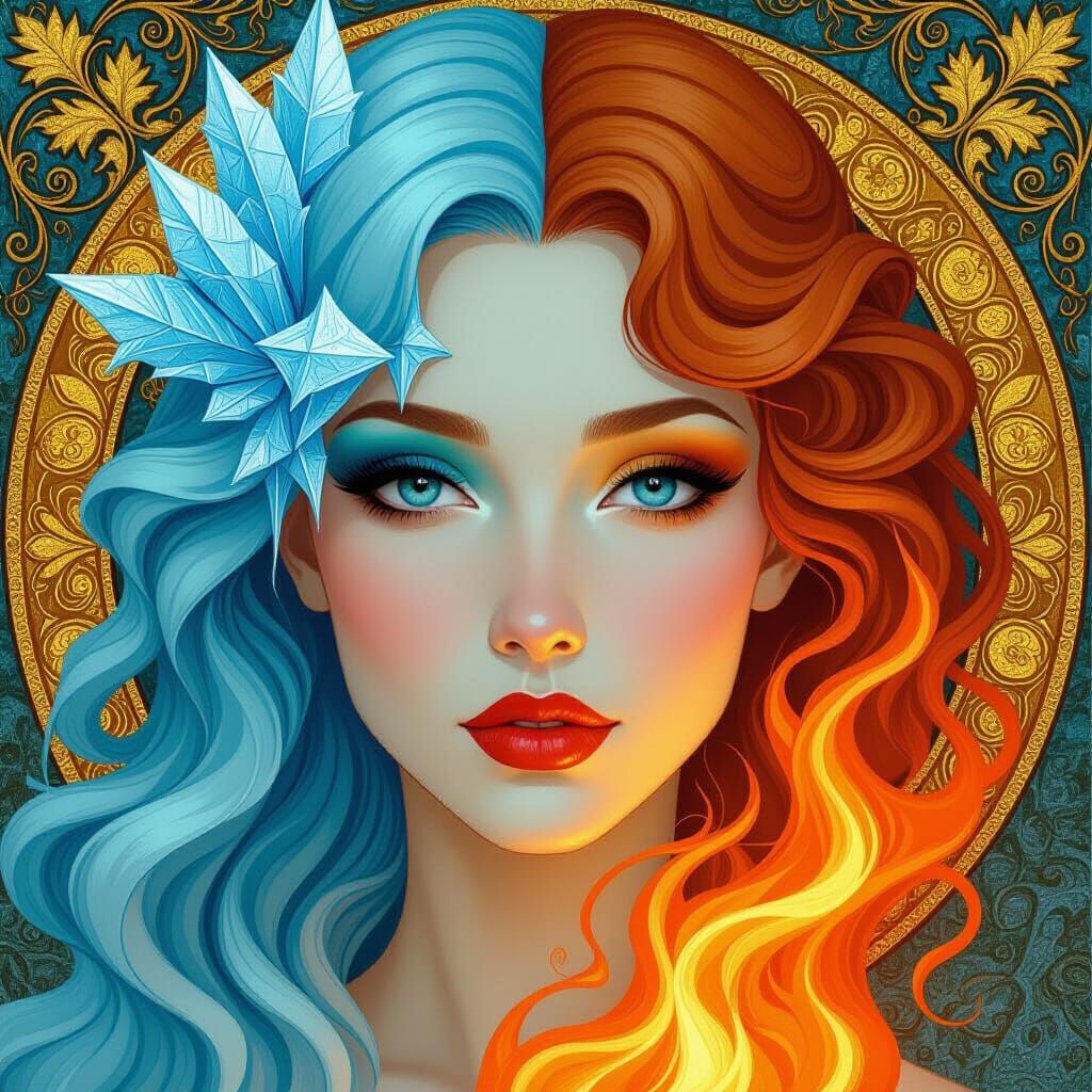 Art Nouveau Face: Frost, Flame & Gold Leaf