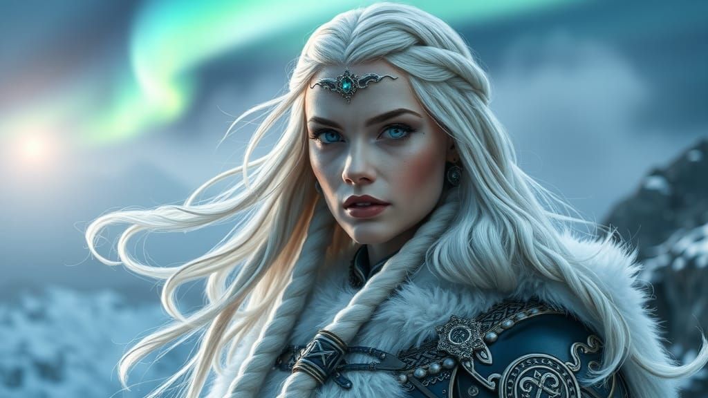 Viking Goddess on Windswept Cliff Under Aurora
