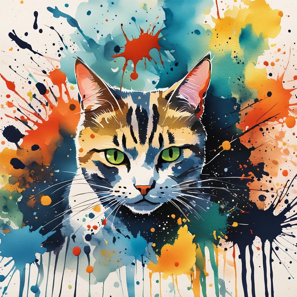 Playful Cat in Watercolor Ink Splatter Art