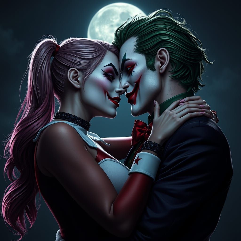 Romantic Embrace of Harley Quinn and Joker in Moonlit Night