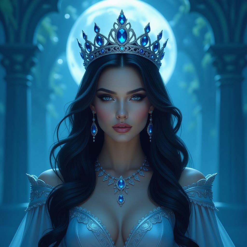 Empress in Moonlight with Gemstone Crown in Misty Palace
