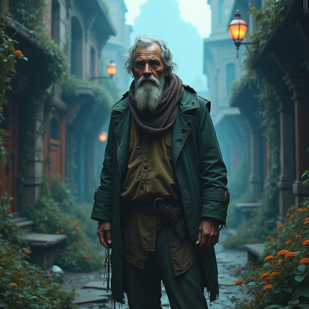 Mystical Cityscape: Homeless Man in Dreamlike Setting
