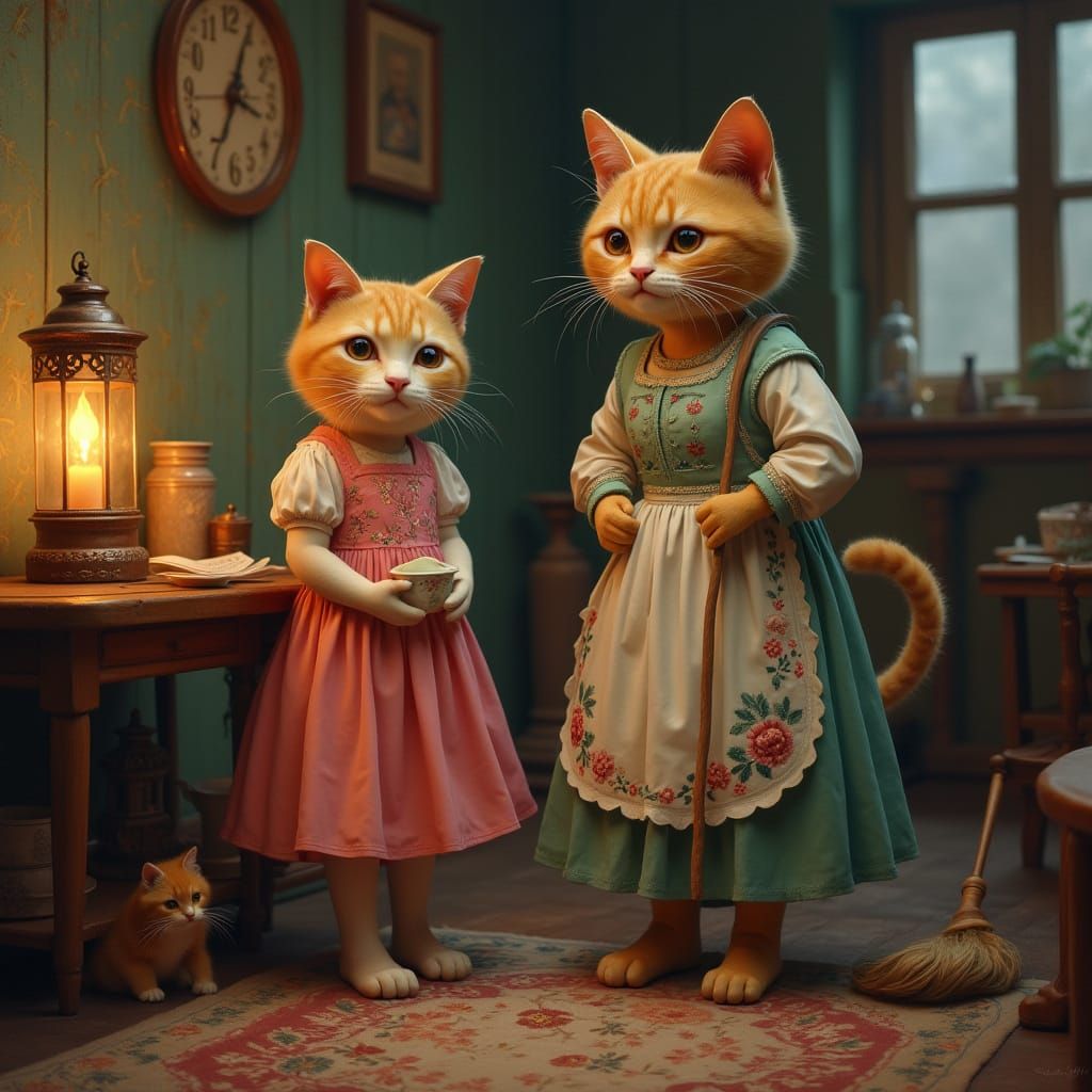 Cat Hybrid Family Portrait in Postmodern Home