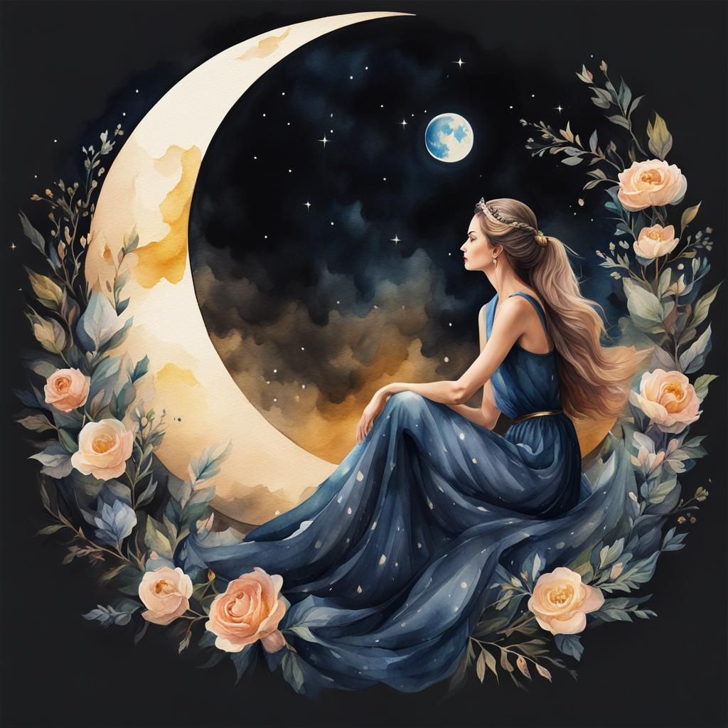 Woman in Crescent Moon: Digital Watercolor Art