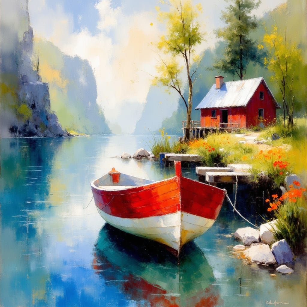Norwegian Rowing Boat in Fjord: Impressionistic Watercolor