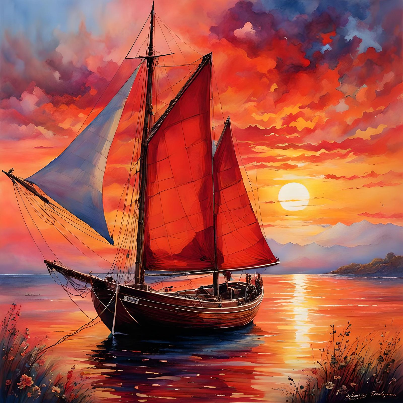 Sailboat at Sunrise in Watercolor and Ink