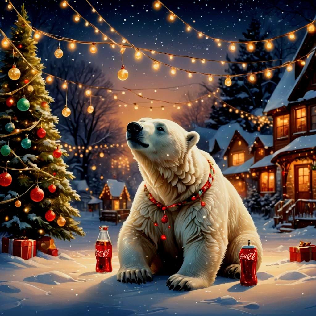 Adorable Polar Bear with Coke, Christmas Scene