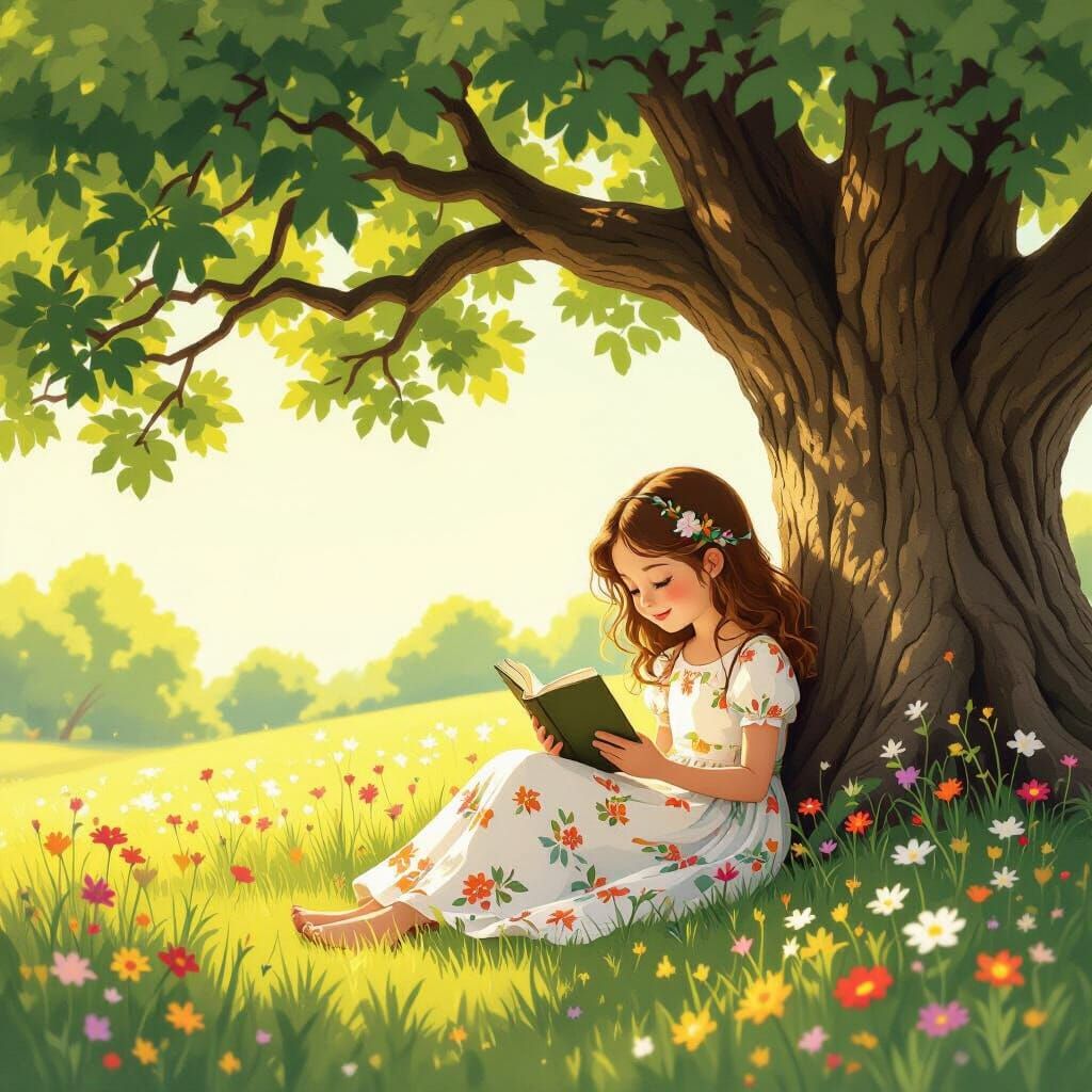 Young Girl Reads Novel Under Ancient Oak Tree