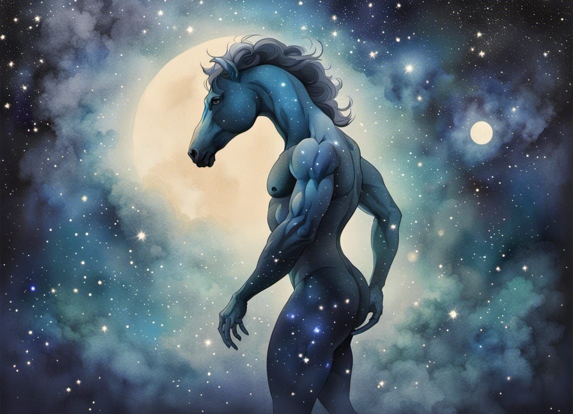 Chiron the Centaur in Galaxy Night, Aquarelle Art