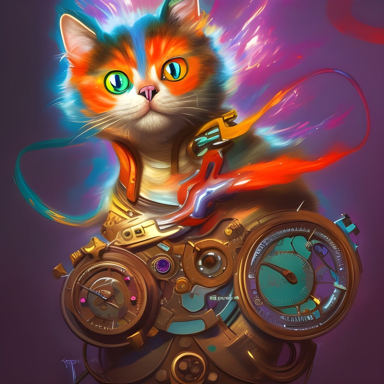 Clockwork Cat: Hyper-Detailed Splash Art Masterpiece