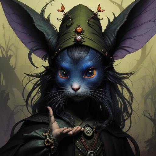 Cute Dark fey creature of the dusk, rodent, cat and rabbit fairy creatures, shadow , protectors seen in shadows, Tim Bur...