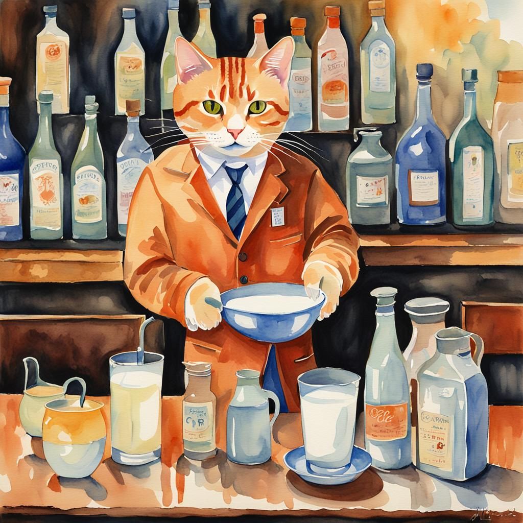 Watercolor Cat Bartender Serving Milk to Patrons