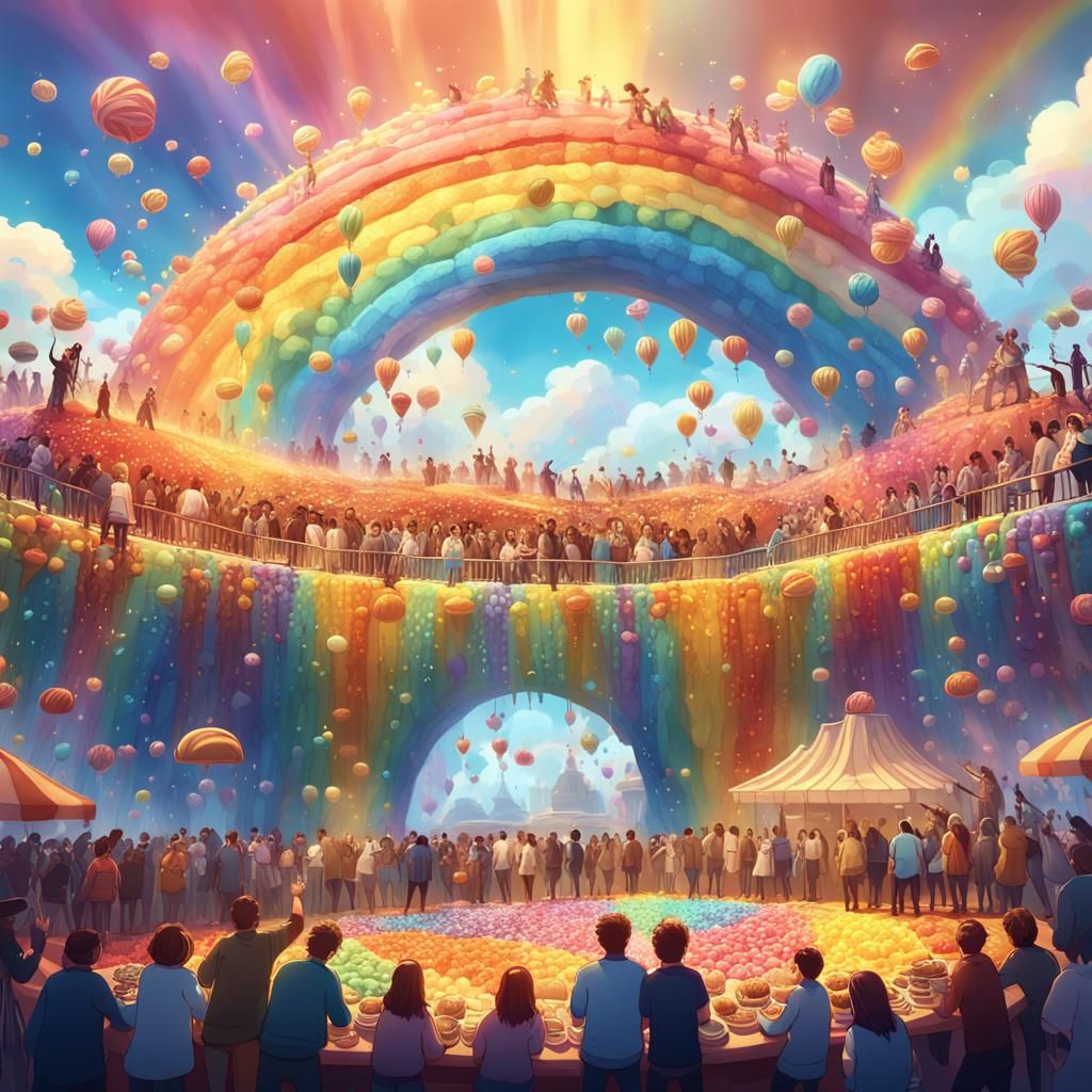Whimsical Rainbow Concept Art: People Eating Sweets