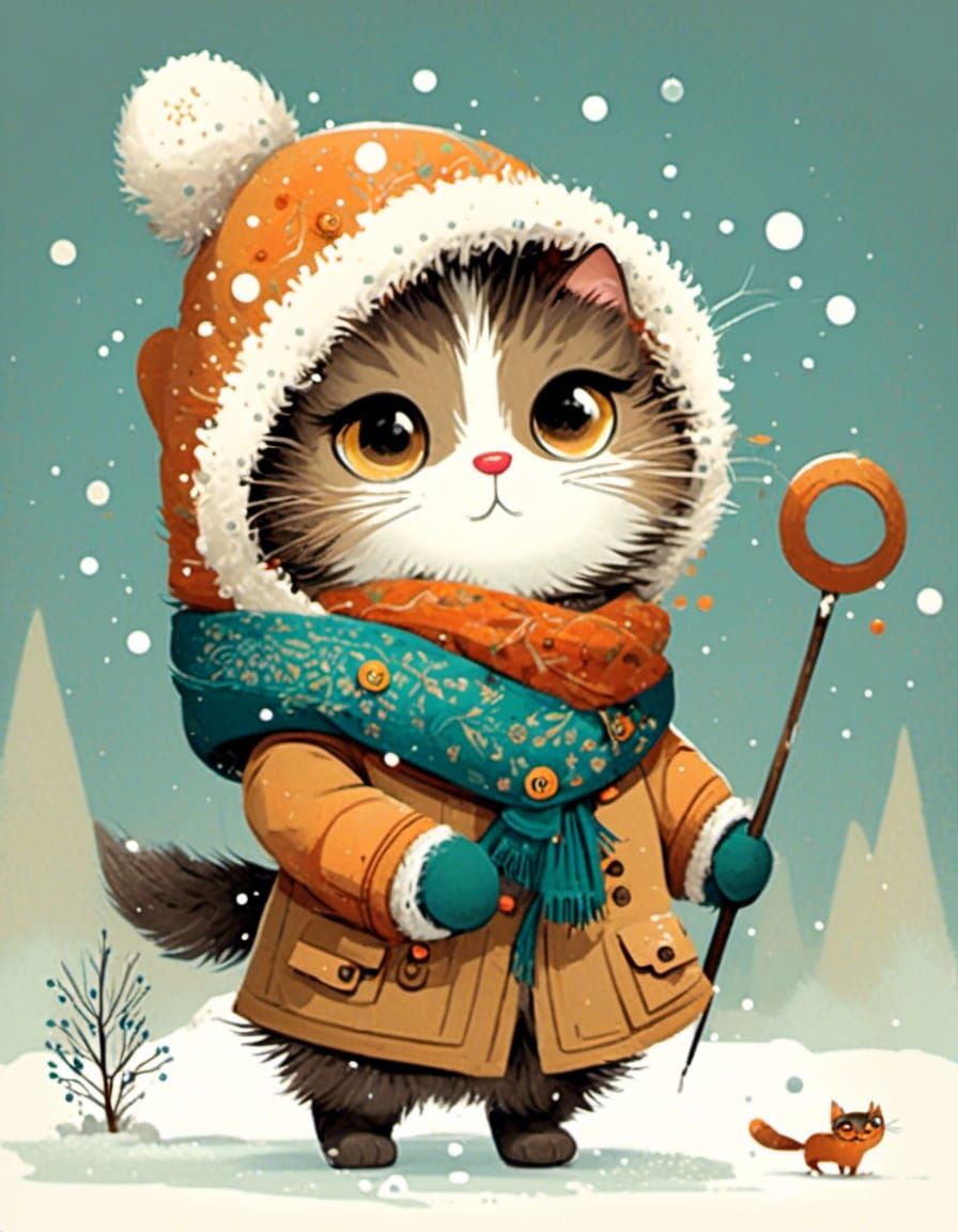 Cute Cat in Winter Coat: Vector Art