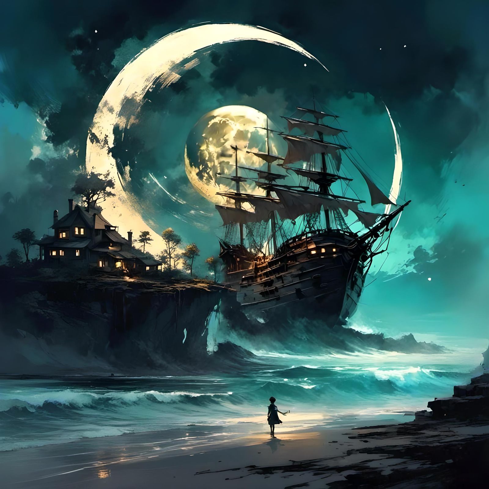 Pirate Ship Silhouetted Under Crescent Moon: Ink Sketch