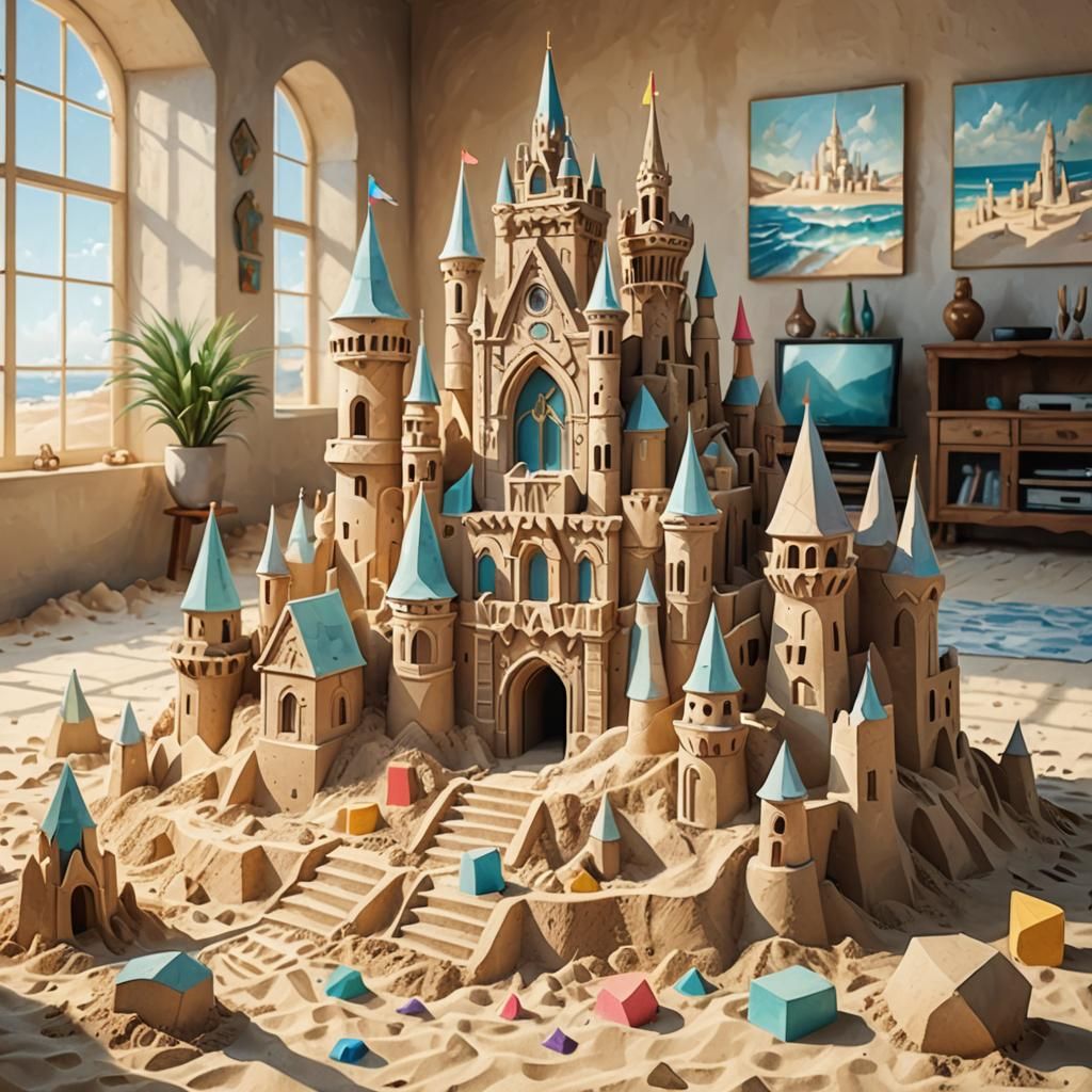 Cubist Sandcastle Replaces TV in Pastel Art
