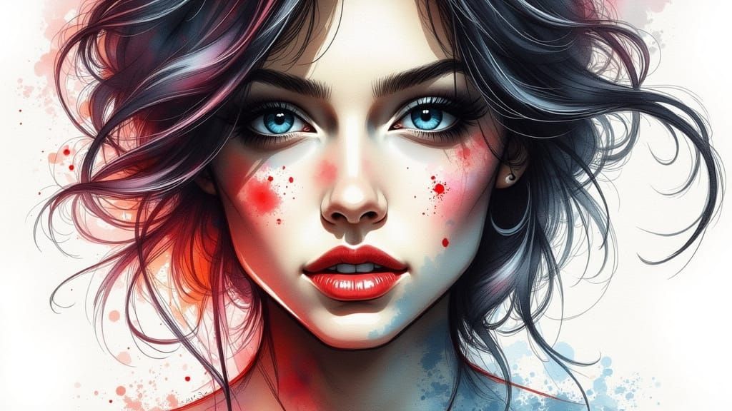 <lora:WatercolorSketchFx:1.0> Close-up portrait of a young w...